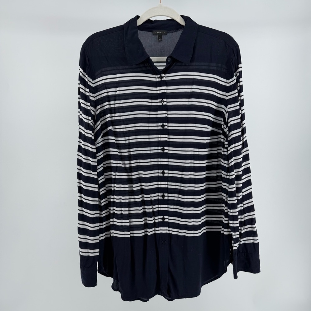 Talbots Navy White Striped Long Sleeve Button-Front Blouse Top, Women's Large